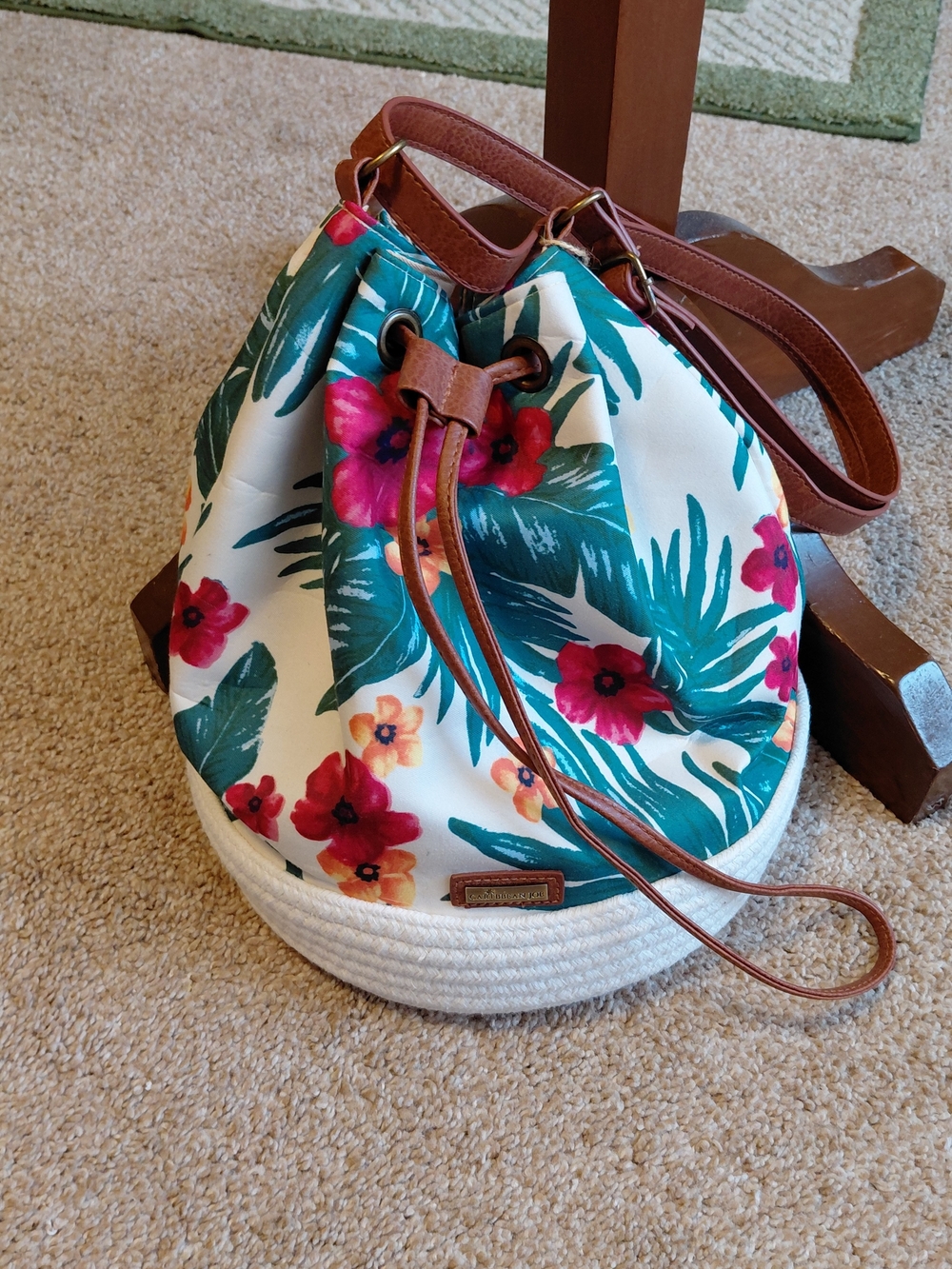 Caribbean Joe White Floral Drawstring Bucket Shoulder Bag with Brown Accents